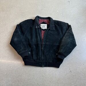 John Ashford Black Leather Bomber Jacket Plaid Lined Mens Size Medium